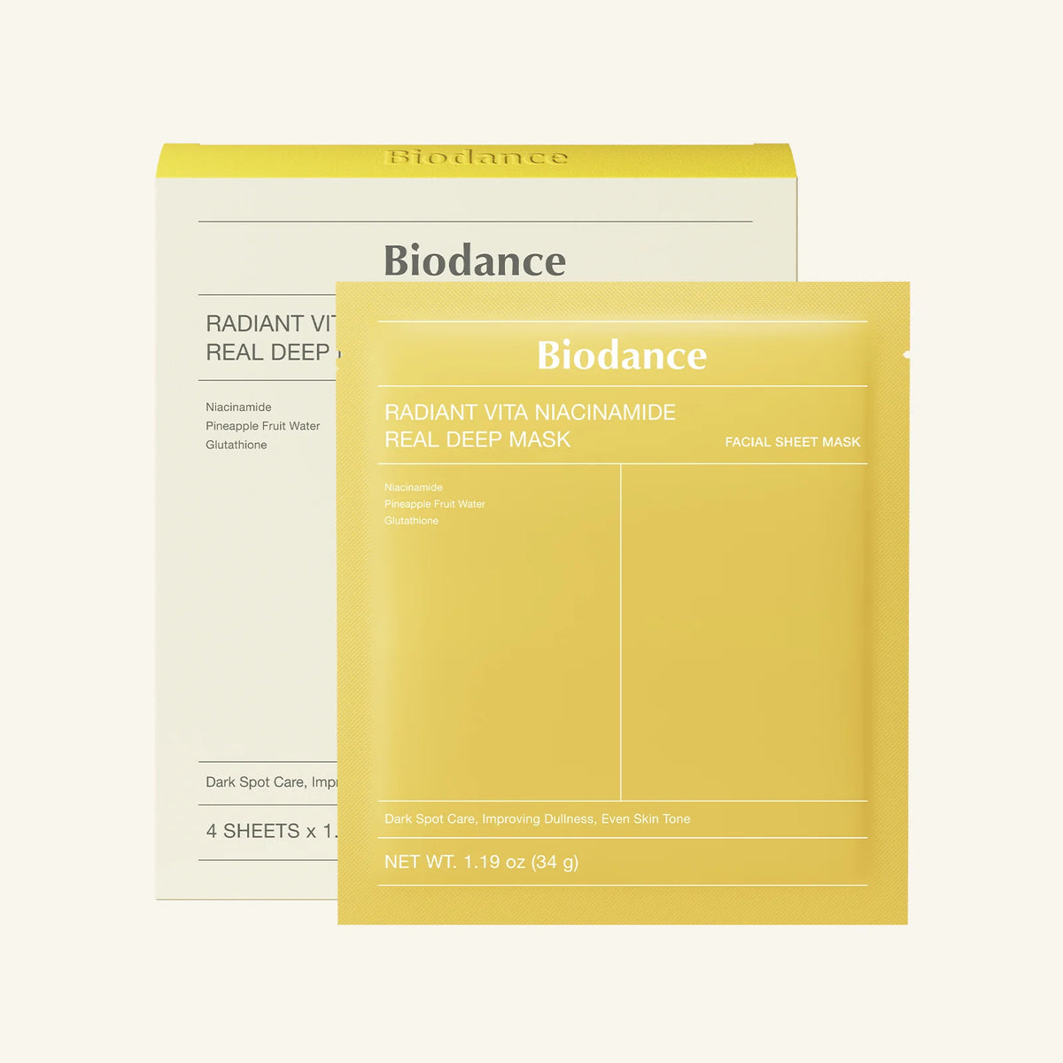 Biodance Radiant Vita Niacinamide Real Deep Mask – 4 mascarillas × 34 g