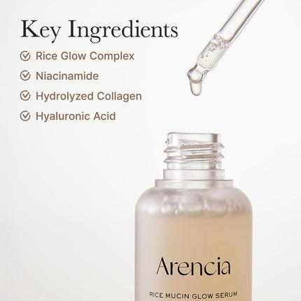 Arencia Rice Mucin Glow Serum 30ml, colágeno + ácido hialurónico y niacinamida