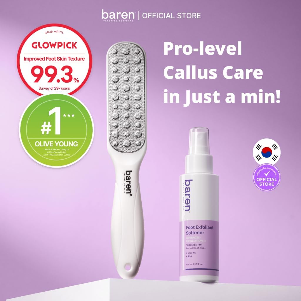 Baren Foot Callus Remover Kit – Kit Removedor de Callos para Pies (Spray Exfoliante + Lima de Acero Inoxidable)