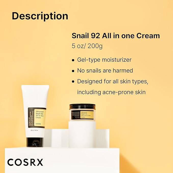 COSRX Snail Mucin 92% Crema Reparadora Daily Face Gel Moisturizer, Acne-prone,Para piel sencible, Korean Skincare 50ml