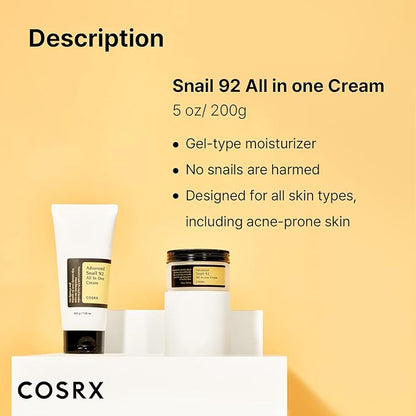 COSRX Snail Mucin 92% Crema Reparadora Daily Face Gel Moisturizer, Acne-prone,Para piel sencible, Korean Skincare 50ml