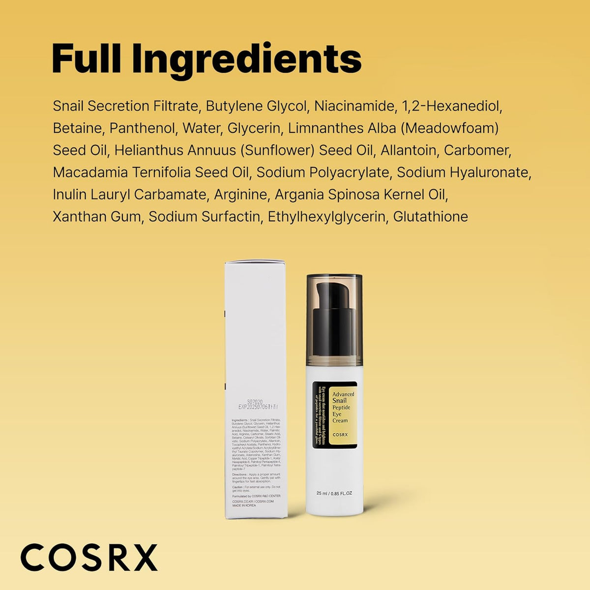 COSRX Snail Mucin Peptide Under Eye Cream 25ml 73.7% de mucina de caracol y niacinamida, crema de ojos antienvejecimiento