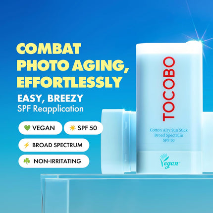 TOCOBO Cotton Airy Sun Stick SPF 50 - Protector solar mate coreano de amplio espectro para cara