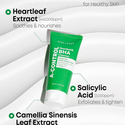 Nineless A-Control Heartleaf & BHA - Limpiador facial exfoliante coreano con ácido salicílico