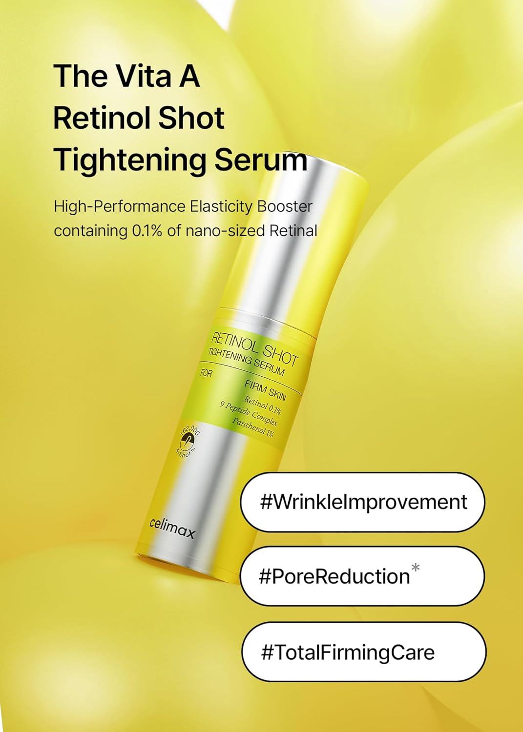 celimax The Vita A Retinol Shot Suero tensor con retinol puro de vitamina A, péptido, minimizador de poros, arrugas y líneas finas