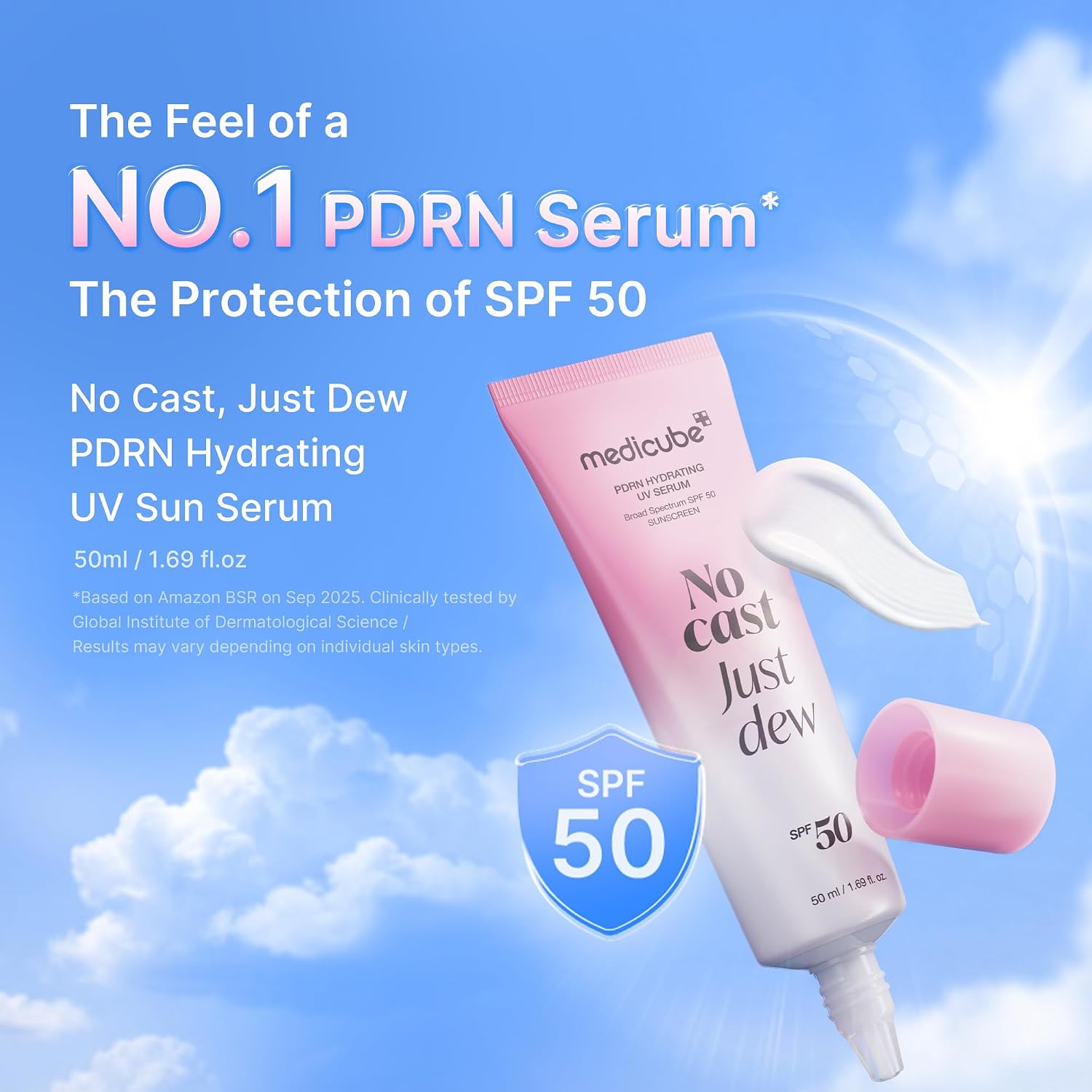 medicube No Cast Just Glow 50ml- ProtectoMedicube No Cast Just Dew PDRN Hydrating UV Sun Serum SPF 50 – Protector Solar Hidratante 50 ml