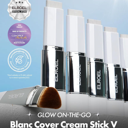 ELROEL BLANC Cover Cream Stick V - Base de maquillaje coreana que cambia de color con brocha desmontable, cobertura de media a completa