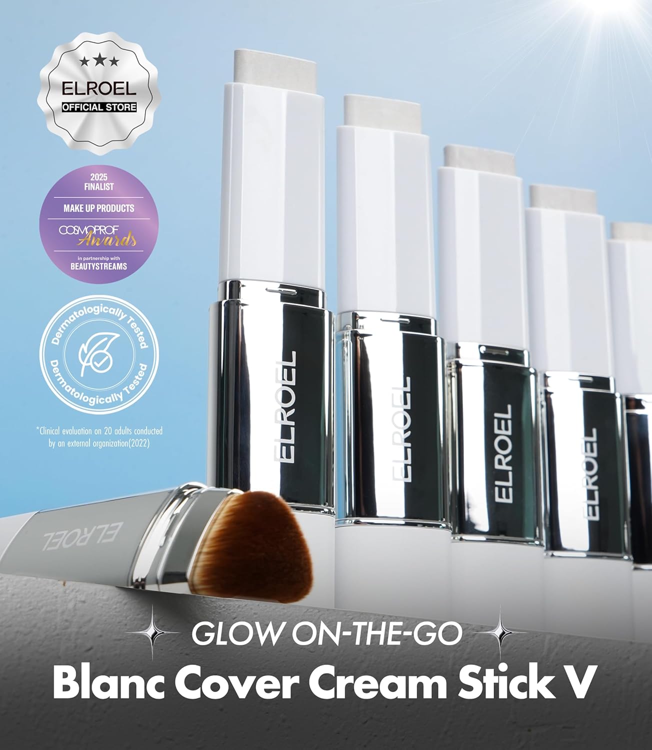 ELROEL BLANC Cover Cream Stick V - Base de maquillaje coreana que cambia de color con brocha desmontable, cobertura de media a completa
