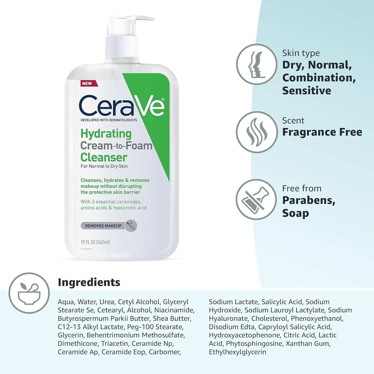 CeraVe Jabón facial hidratante en crema que se convierte en espuma para pieles equilibradas y secas 237ml