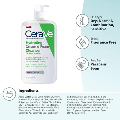 CeraVe Jabón facial hidratante en crema que se convierte en espuma para pieles equilibradas y secas 237ml