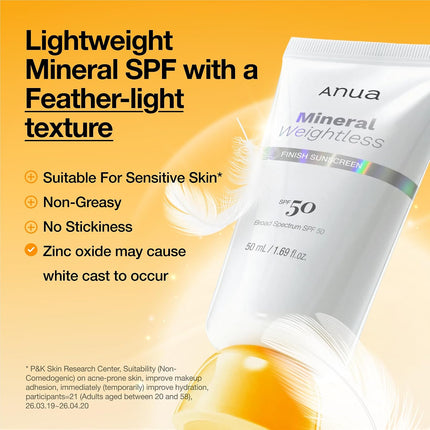 Anua Mineral Weightless Finish Sunscreen SPF 50 – Protector Mineral de Amplio Espectro 50ml
