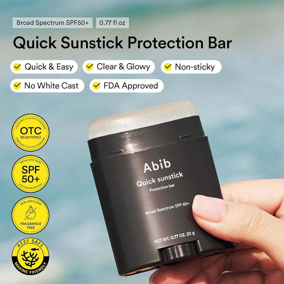 Abib Barra de protección rápida SPF50+ protector solar coreano, sin Whitecast, extracto de centella