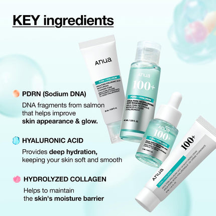 Anua Salmon DNA PDRN Glow Essential Starter Kit, Hyaluronic Acid Skincare Set, Glass Skin Routine