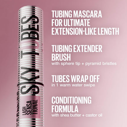 Maybelline Lash Sensational Sky Tubes Tubing Mascara, Extension-Like Lengthening Mascara, 24HR Eye Makeup with Shea Butter & Castor Oil, Very Black