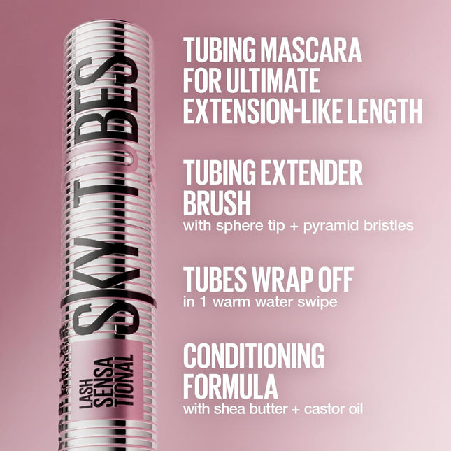 Maybelline Lash Sensational Sky Tubes Tubing Mascara, Extension-Like Lengthening Mascara, 24HR Eye Makeup with Shea Butter & Castor Oil, Very Black
