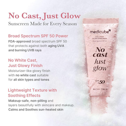 medicube No Cast Just Glow 50ml- Protector solar con colágeno amplio espectro SPF 50 Fórmula ligera, no pegajosa, hidratante