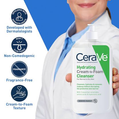 CeraVe Jabón facial hidratante en crema que se convierte en espuma para pieles equilibradas y secas 237ml