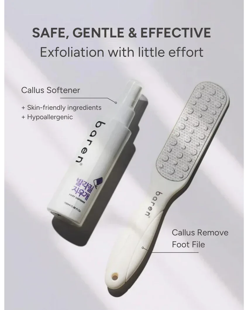 Baren Foot Callus Remover Kit – Kit Removedor de Callos para Pies (Spray Exfoliante + Lima de Acero Inoxidable)