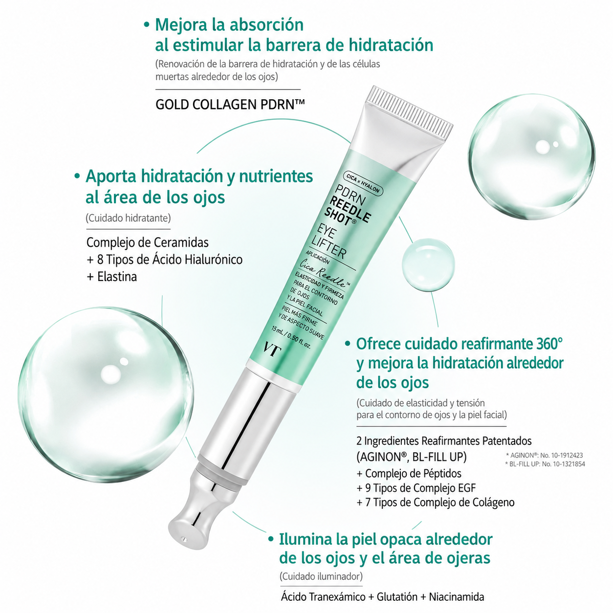 VT COSMETICS PDRN Reedle Shot Eye Lifter Contorno de Ojos Reafirmante y Anti-líneas con PDRN (15 ml)